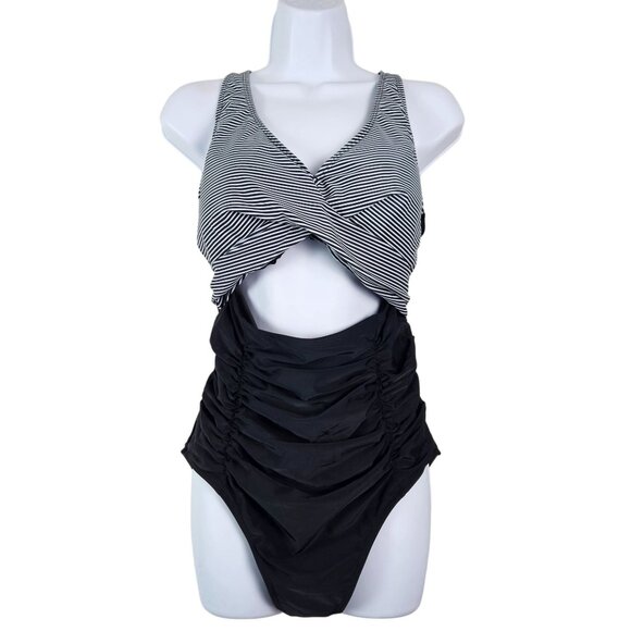 Blooming Jelly Womens Size XL One-Piece Swimsuit Cutout Bikini Black White Beach - Picture 4 of 12